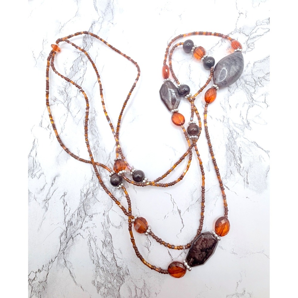 Brown Orange Glass Bead Double Strand Necklace 30" Seed Bead‎ Boho Slip On